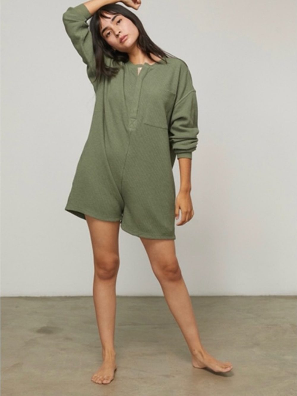 Lunya Restore thermal long sleeve romper humble green heather size L